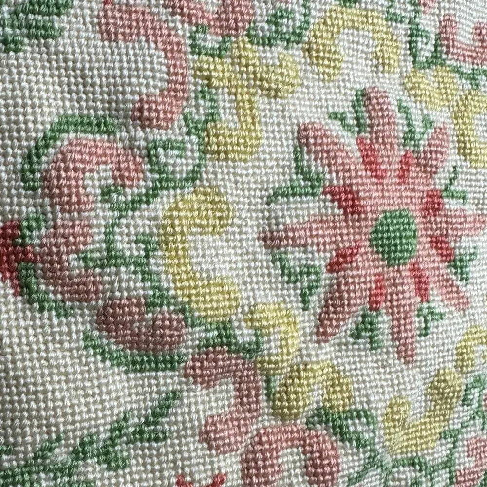 Vintage wool needlepoint pillow metal zipper 15” velvet back piping melon floral